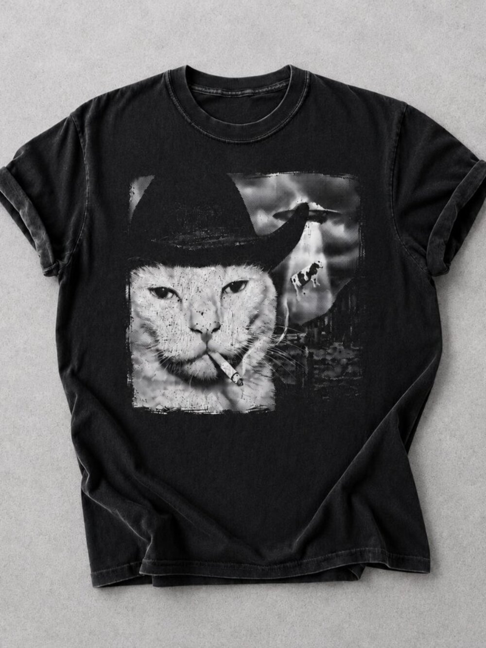 Black Cowboy Cat Graphic Tee | Unisex Vintage Washed T-Shirt